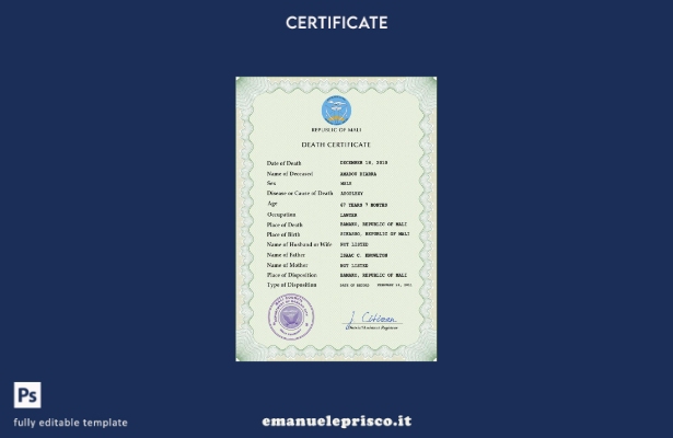 Modello PSD del certificato di morte del Mali in stile verificato